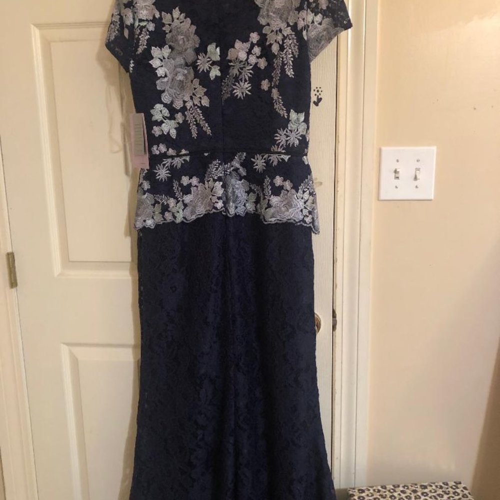 JS Collections Floral Embroidered gown, navy, size 12